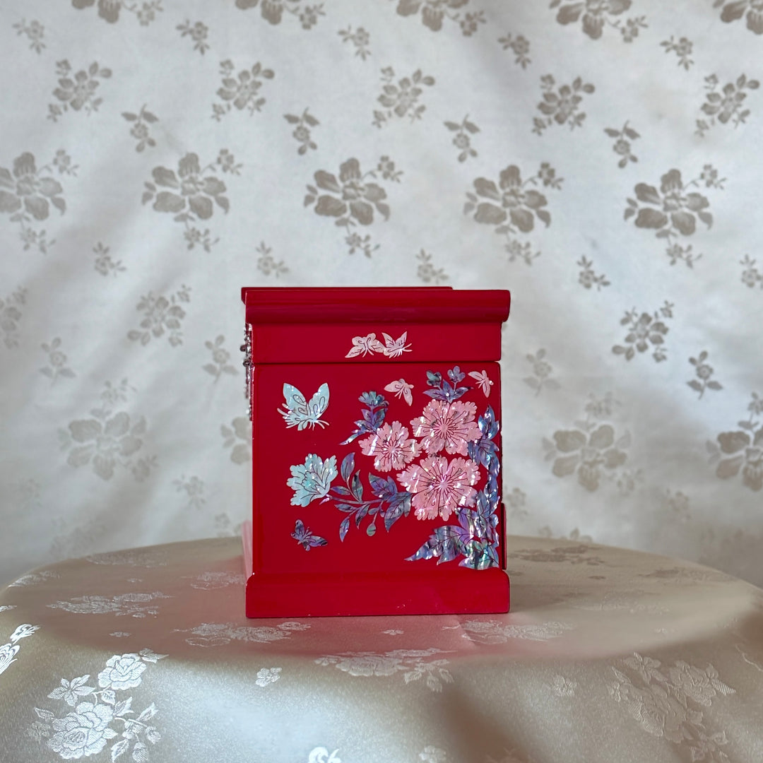 Mother-of-Pearl Jewelry Chest: Red Body with Peacock Motif in Scholar’s Desk Form
