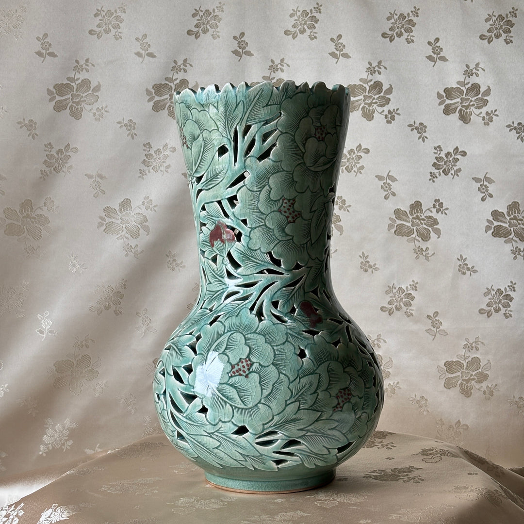 Grand-Scale Celadon Openwork Long Vase: White Slip Sgraffito (Bakji) with Peony Motif