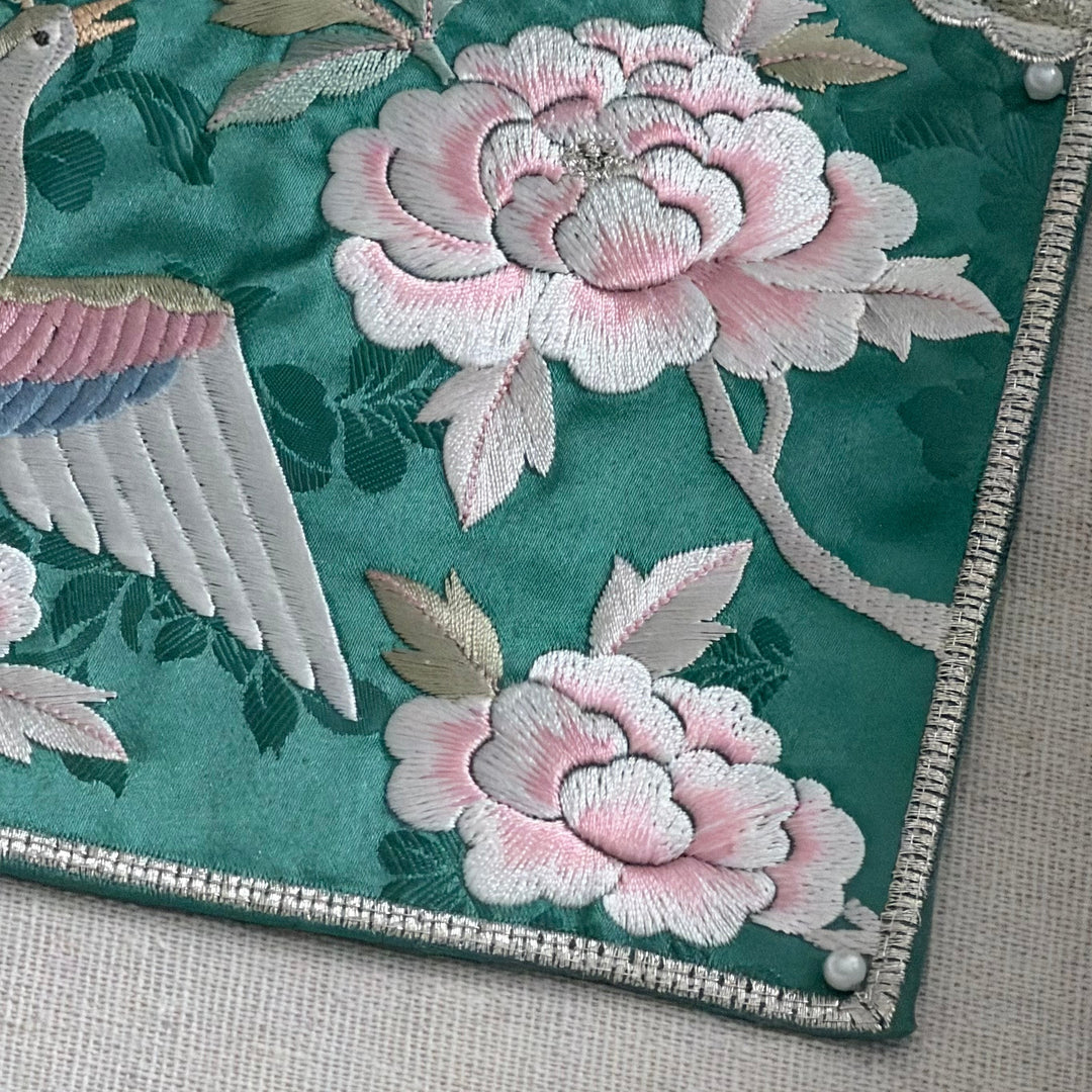 Embroidered Art Panel: Double Peacock and Peony Motif on Green Ground