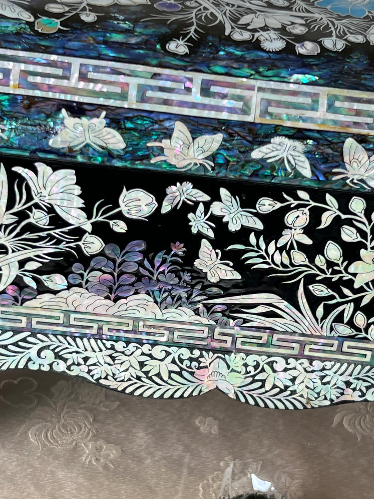 Close-up of abalone-shell ground with iridescent mother-of-pearl texture on a Korean jewelry box