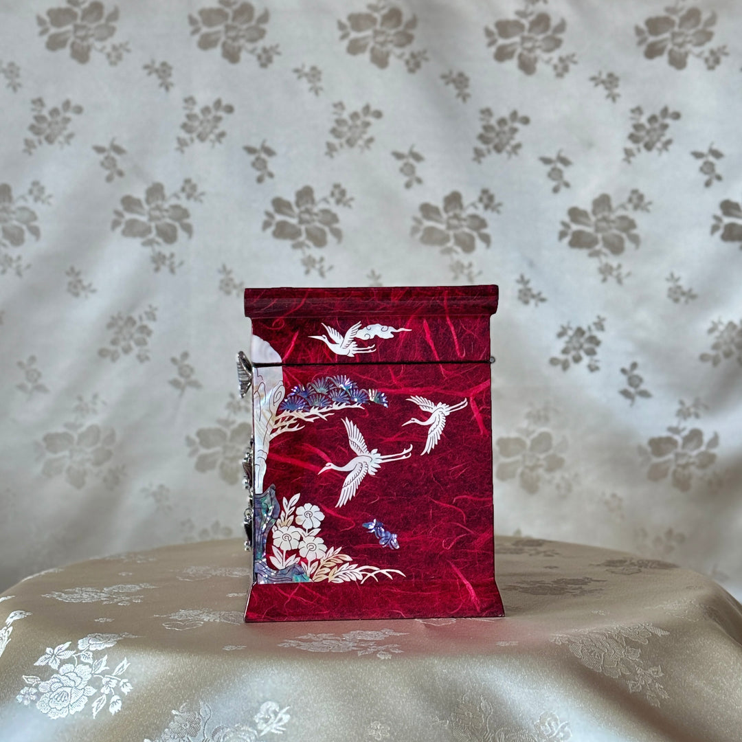 Mother-of-Pearl Jewelry Chest: Red Hanji Body with Crane-and-Pine Motif in Scholar’s Table Form
