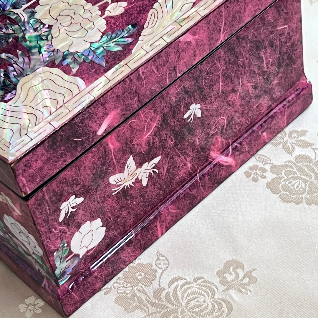 Mother of Pearl Jewelry Box: Peacock and Peony Motif on Deep Purple Hanji Body