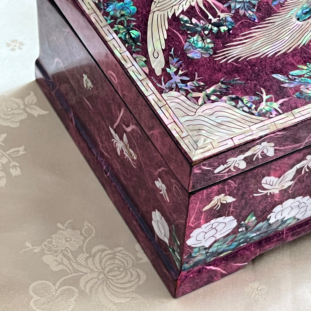 Mother of Pearl Jewelry Box: Peacock and Peony Motif on Deep Purple Hanji Body