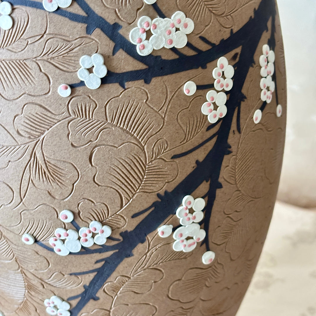 Unglazed Ceramic Vase: Buncheong Clay Body with Plum Blossom Branch and Openwork Rim