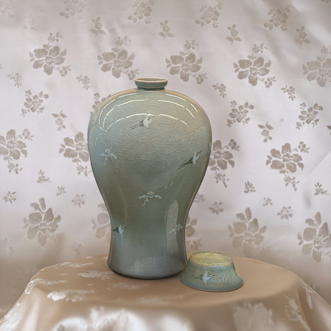 Celadon Maebyeong Vase with Lid: Crane and Cloud Motif, Handcrafted by Master Artisan