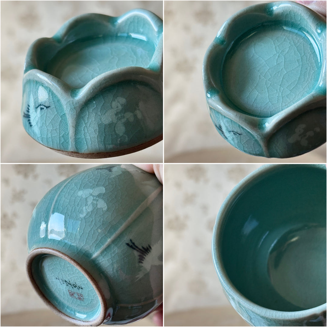 Celadon Tulip-Inspired Tea Cup with Inlaid Crane and Cloud Motif By Master Artisan