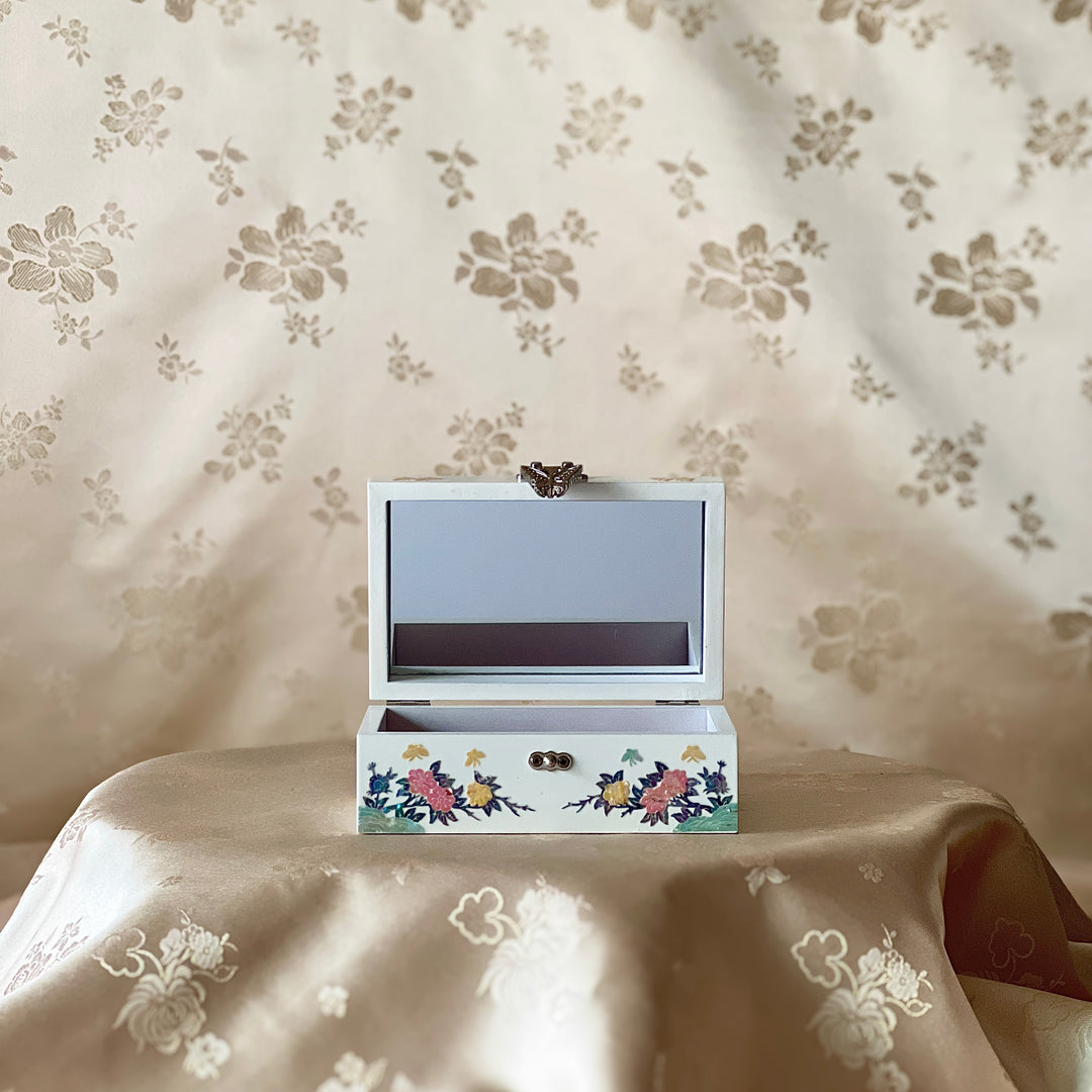 Mother-of-Pearl Jewelry Box: Peony and Bird Floral Motif on White Ground
