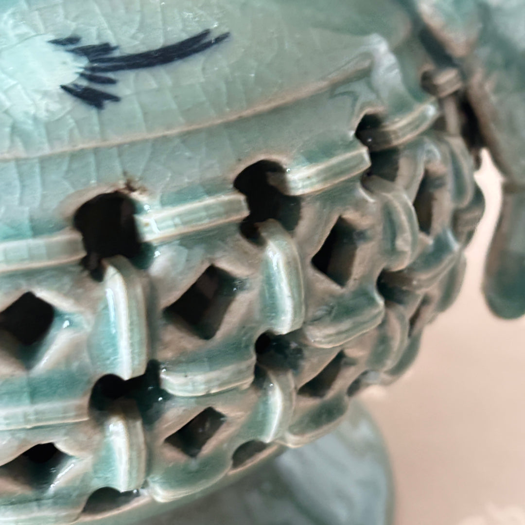 Celadon Incense Burner: Double-Wall Openwork with Inlaid Crane Motif and Dragon Handles