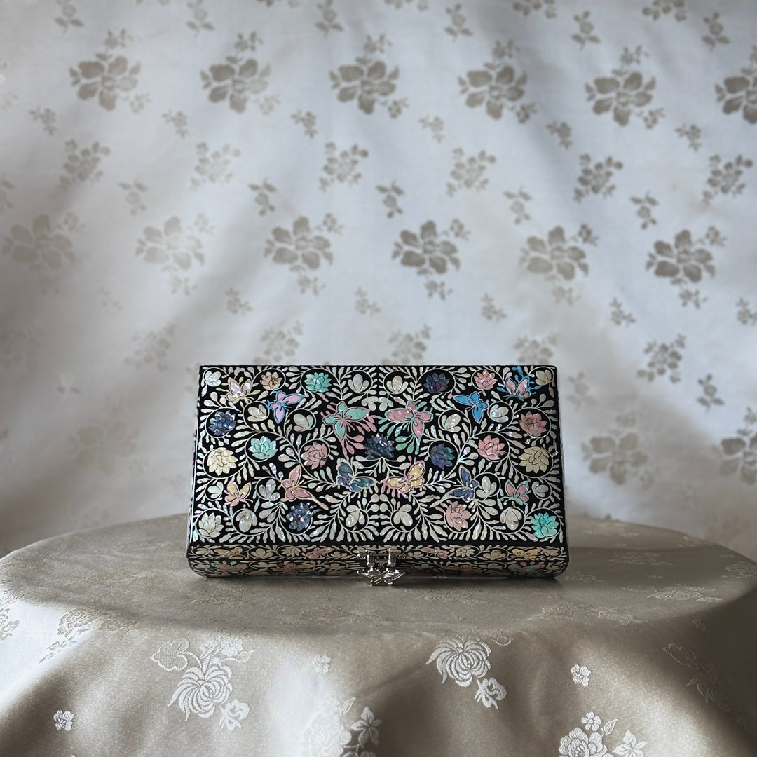 Mother of Pearl Keepsake Box with Butterfly, Lotus, and Arabesque Motifs