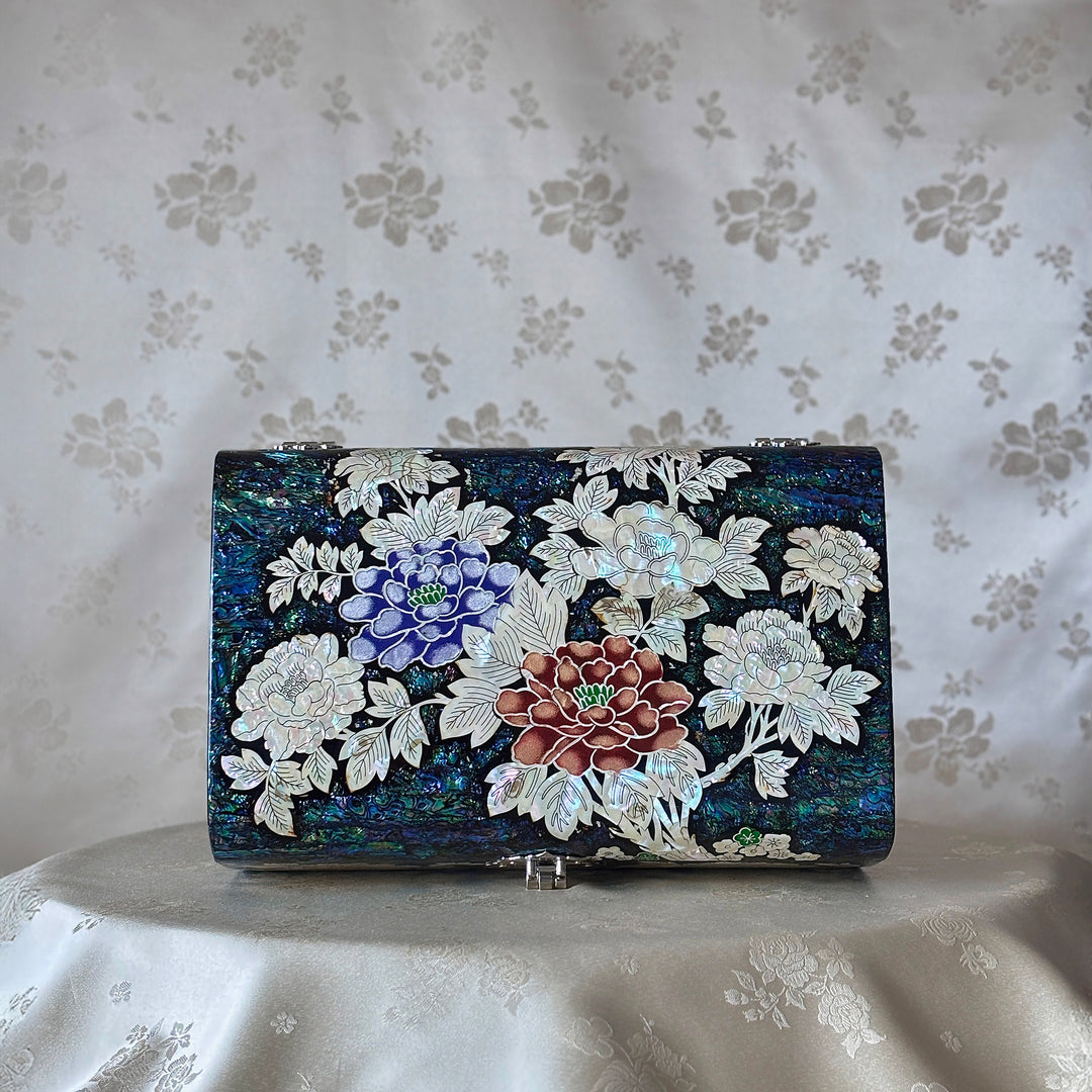 Mother of Pearl Jewelry Box: Peony and Butterfly on Deep Blue Abalone