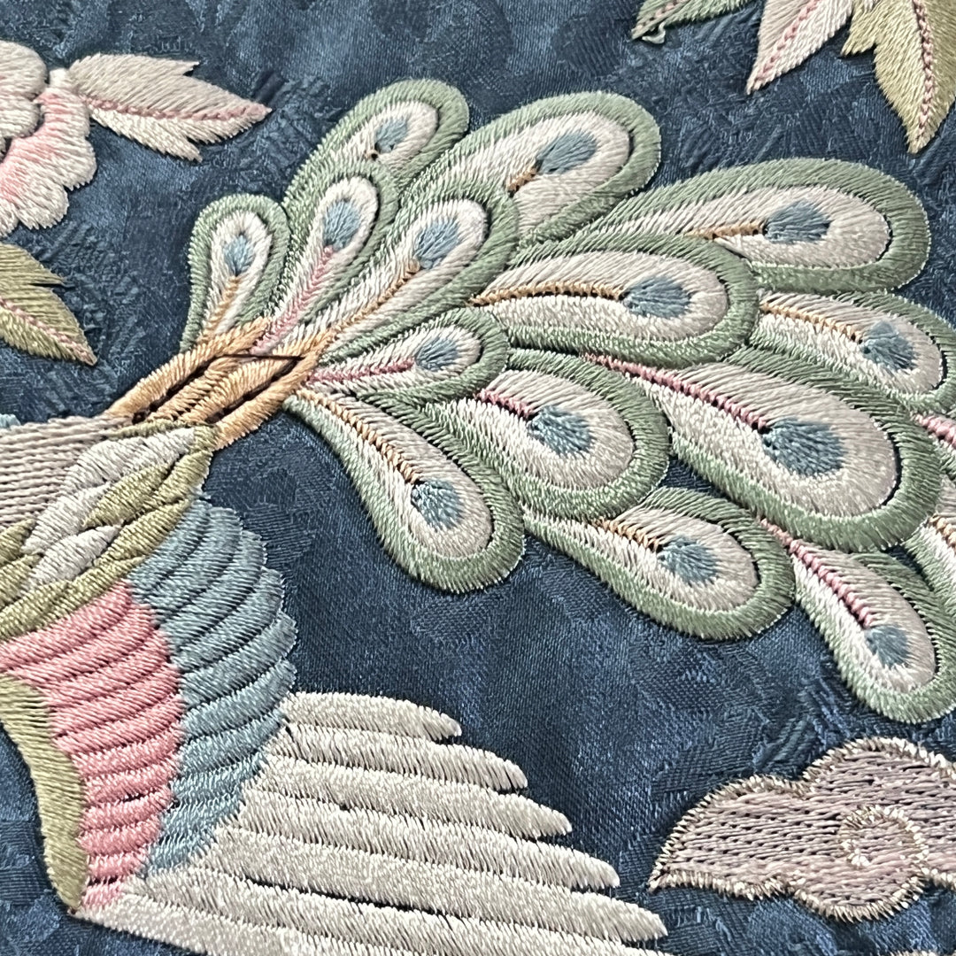 Embroidered Art Panel: Double Peacock and Peony Motif on Deep Blue Ground