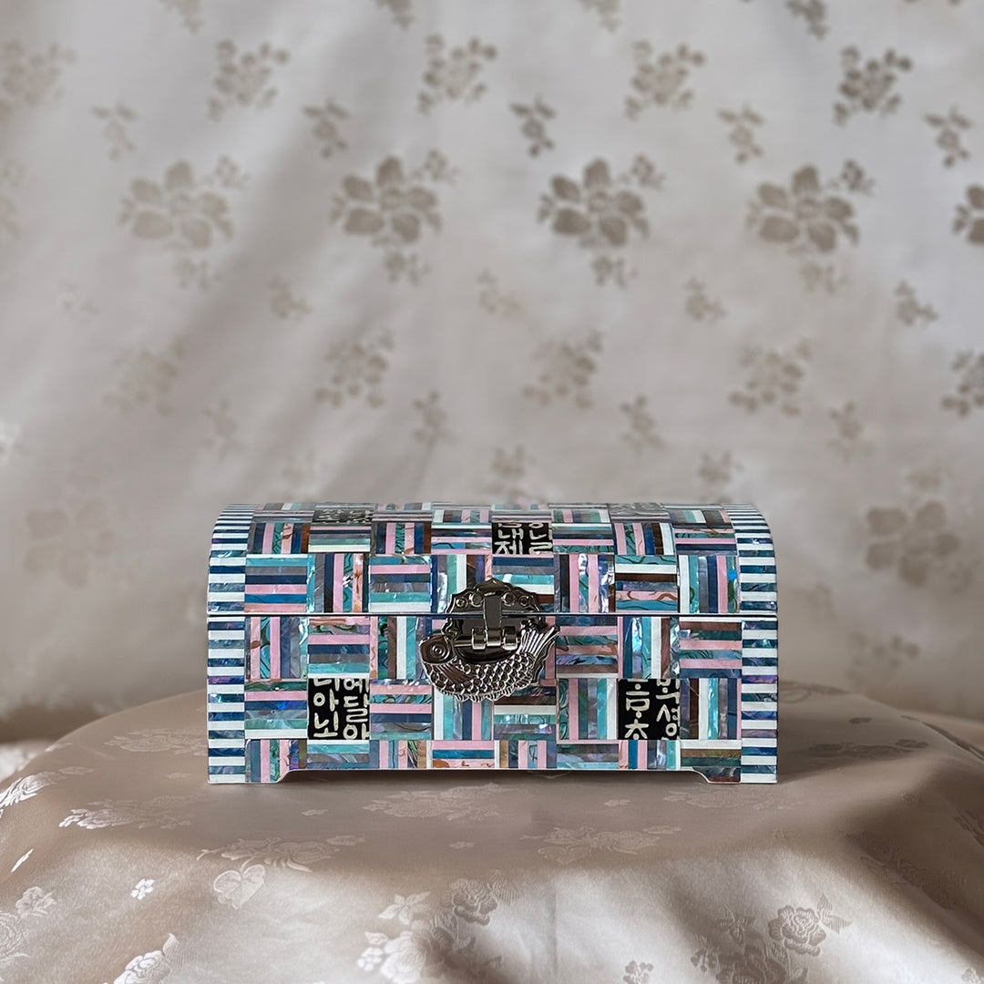 Mother-of-Pearl Arched-Lid Jewelry Box: Geometric Abalone Strip Composition with Hangul Accents