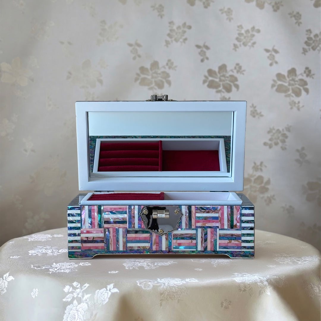 Mother-of-Pearl Arched-Lid Jewelry Box: Geometric Abalone Strip Composition