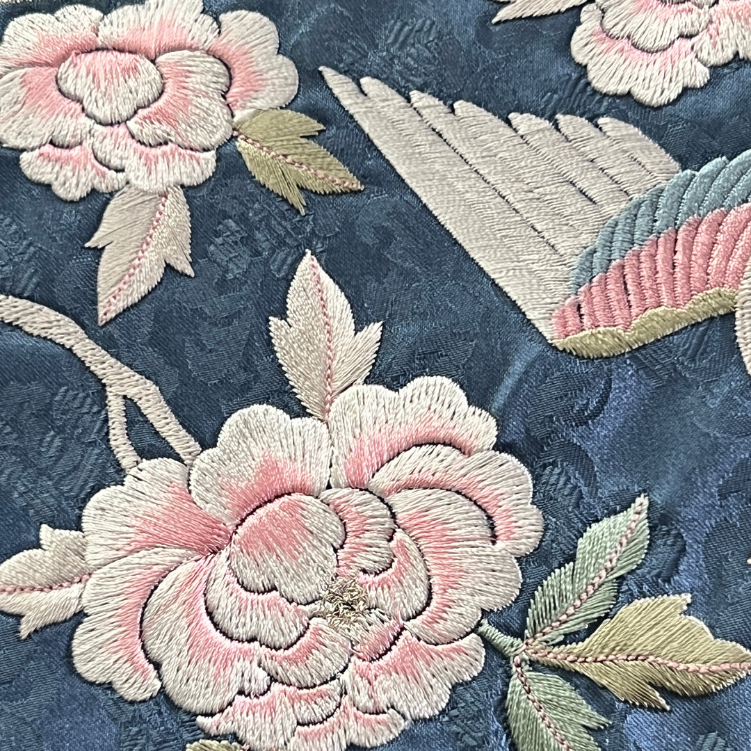 Embroidered Art Panel: Double Peacock and Peony Motif on Deep Blue Ground