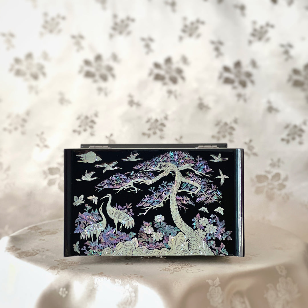 Mother of Pearl Black Jewelry Box with Peony, Pine and Crane Pattern (자개 송학 호접 목단문 선비 보석함)