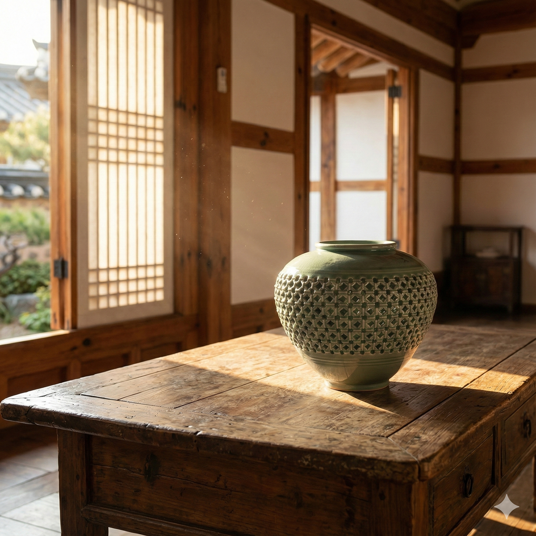 Celadon Double Wall Openwork Vase: Middle Scale, Inlaid Crane and Cloud Motif