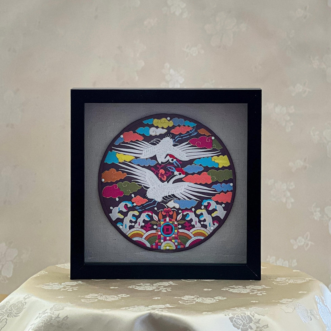 Embroidered Art Emblem: Crane Pair Motif in Frame, Brown Silk