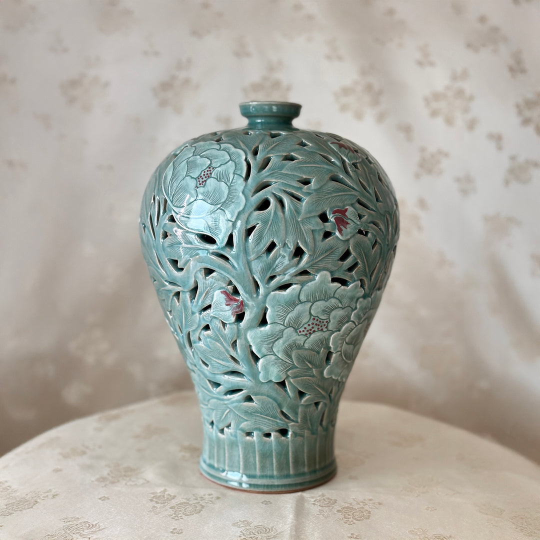 Celadon Vase with Relief-Carved Peony Motif and Double-Wall Openwork