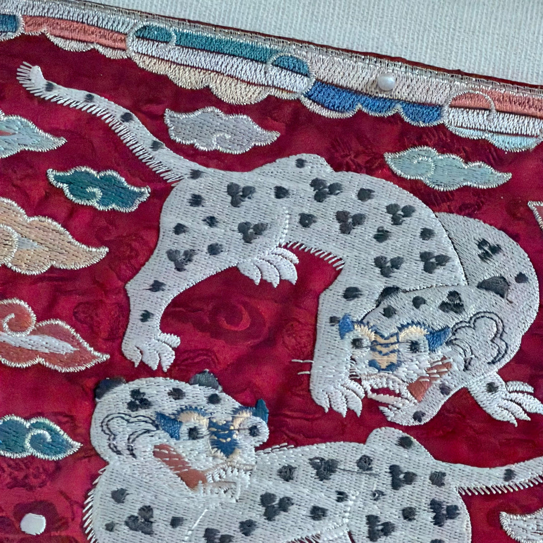 Embroidered Art Panel: Tiger Pair Motif on Red Ground