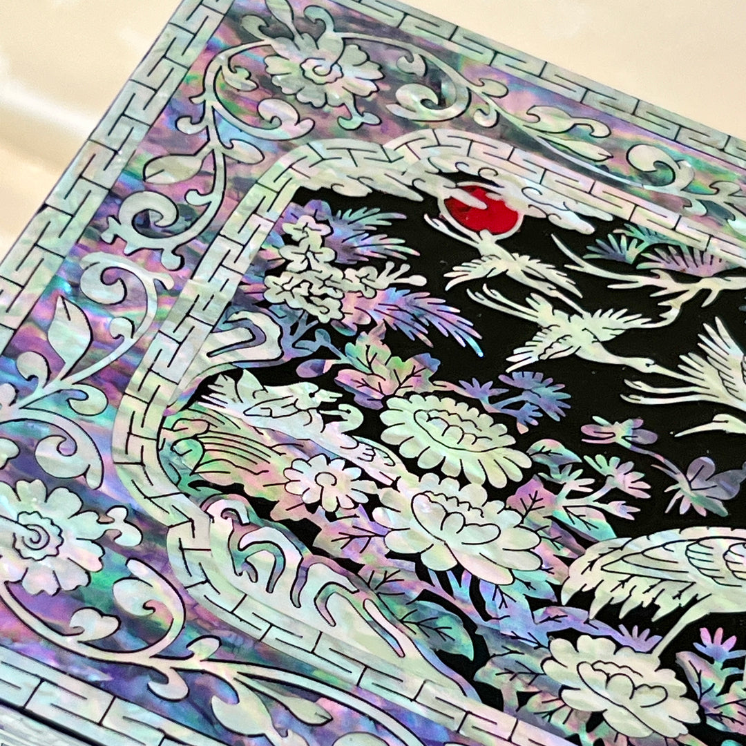 Mother-of-Pearl Double-Door Jewelry Chest: Longevity Motif, Black Ground