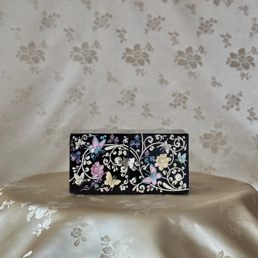 Mother-of-Pearl Double Jewelry Chest: Deep Black Finish with Butterfly and Vine Motif