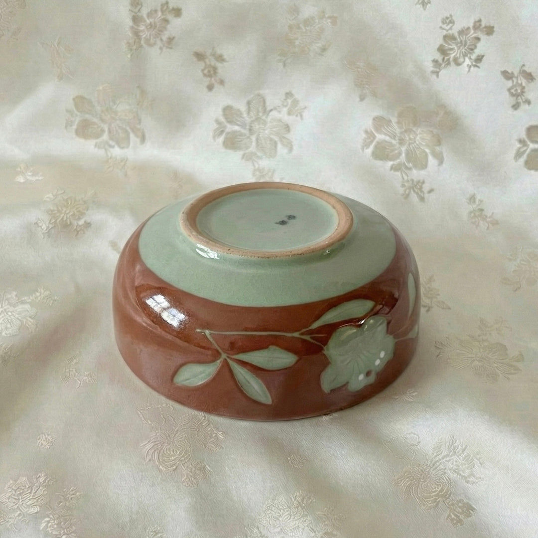 Dongwha Celadon Bowl (Jubal) Set: Copper-Red Slip and Carved Peony Motif