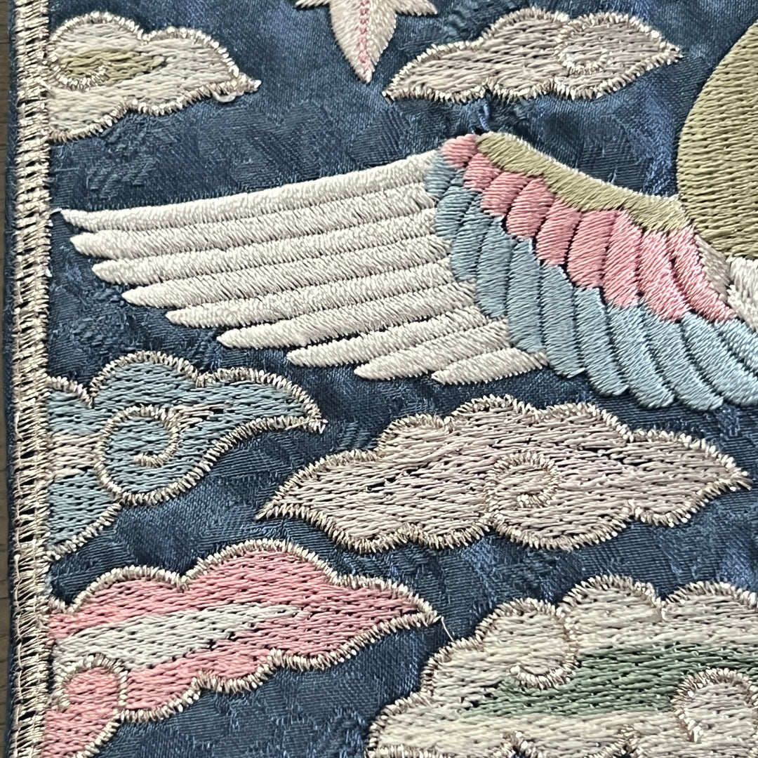 Embroidered Art Panel: Double Peacock and Peony Motif on Deep Blue Ground