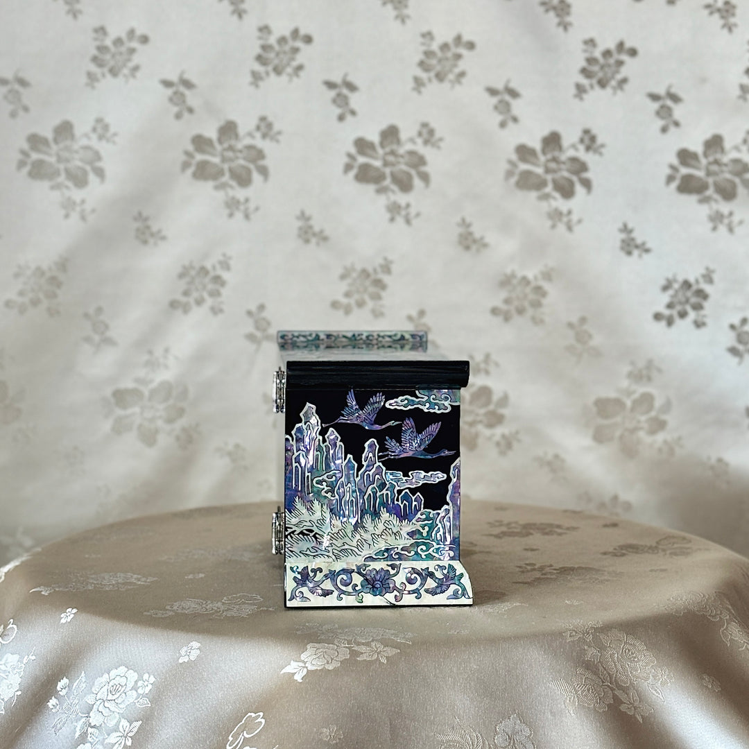 Mother of Pearl Jewelry Chest Pair: Black Body with Pine and Crane Motif in Scholar’s Desk Form