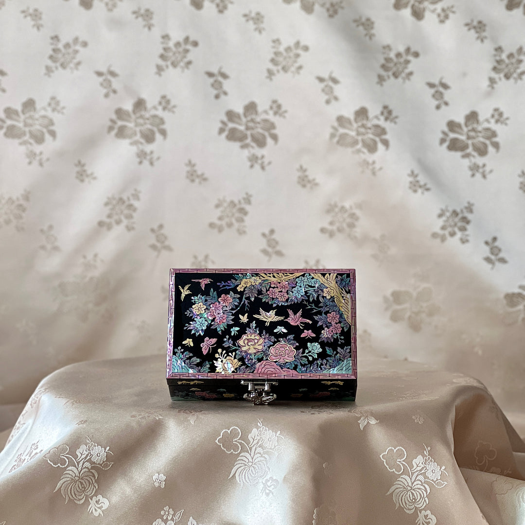 Mother-of-Pearl Jewelry Box: Plum Blossom and Bird Floral Motif on Black Ground