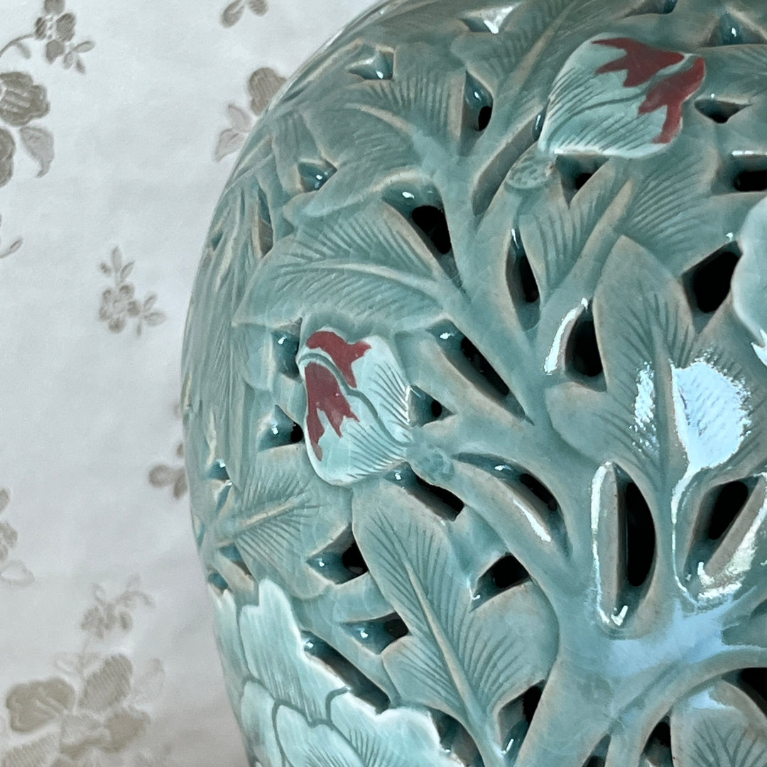 Celadon Double-Walled Openwork Vase: Sgraffito (Bakji) with Peony Motif