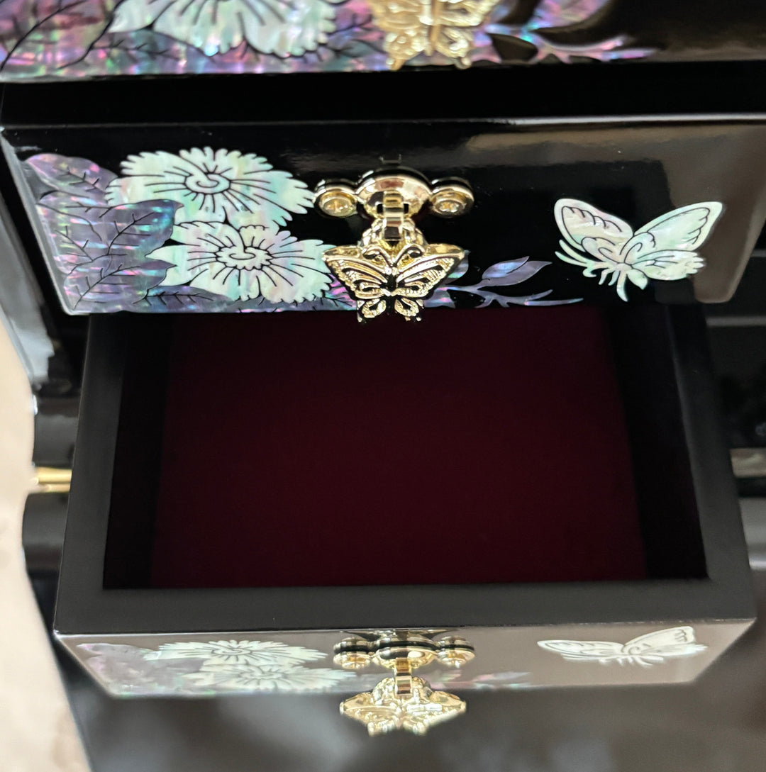 Mother of Pearl Bandaji Chest: Peacock and Peony Motif Jewelry Cabinet