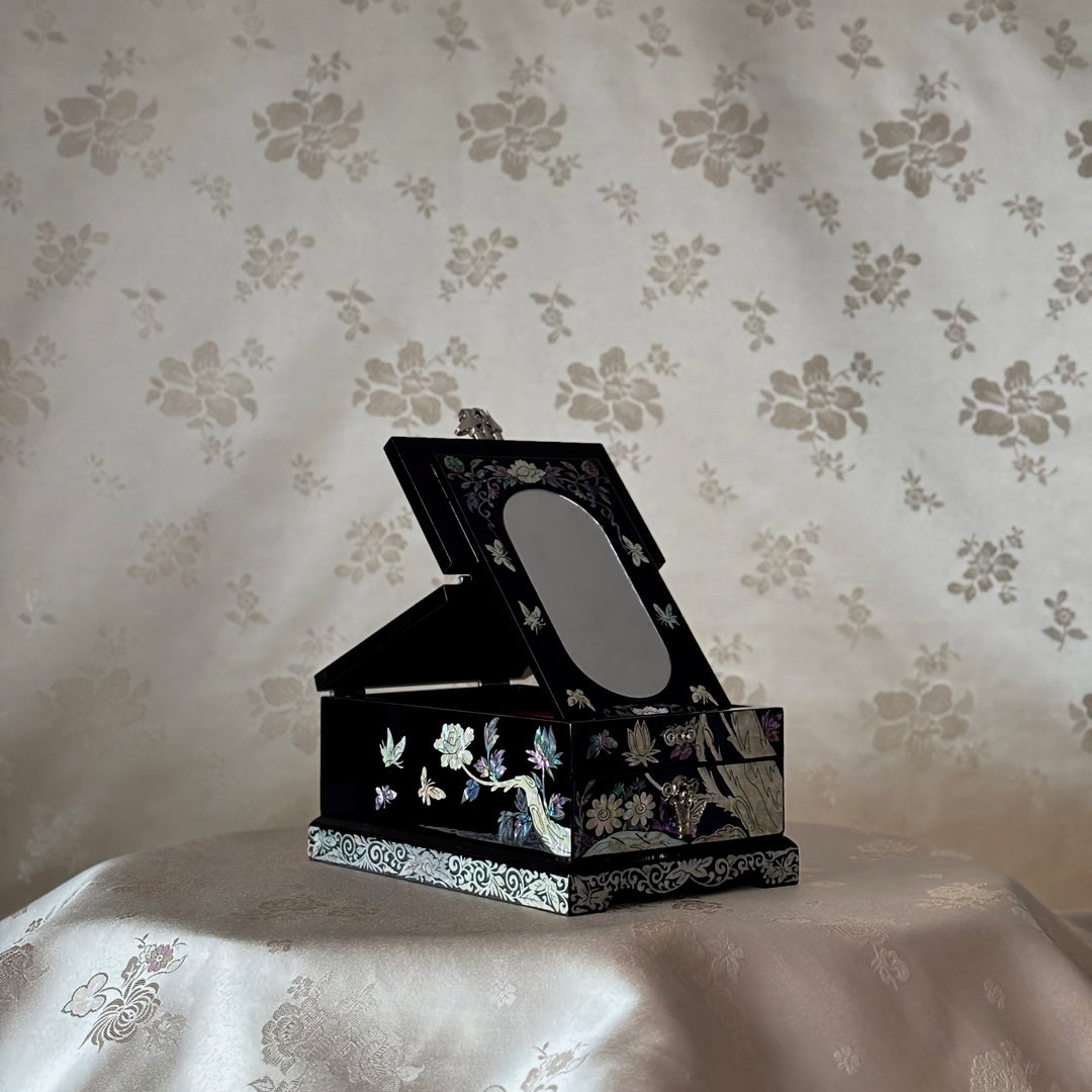 Mother of Pearl Vanity Chest with Mirror Stand: Black Body, Peony Motif