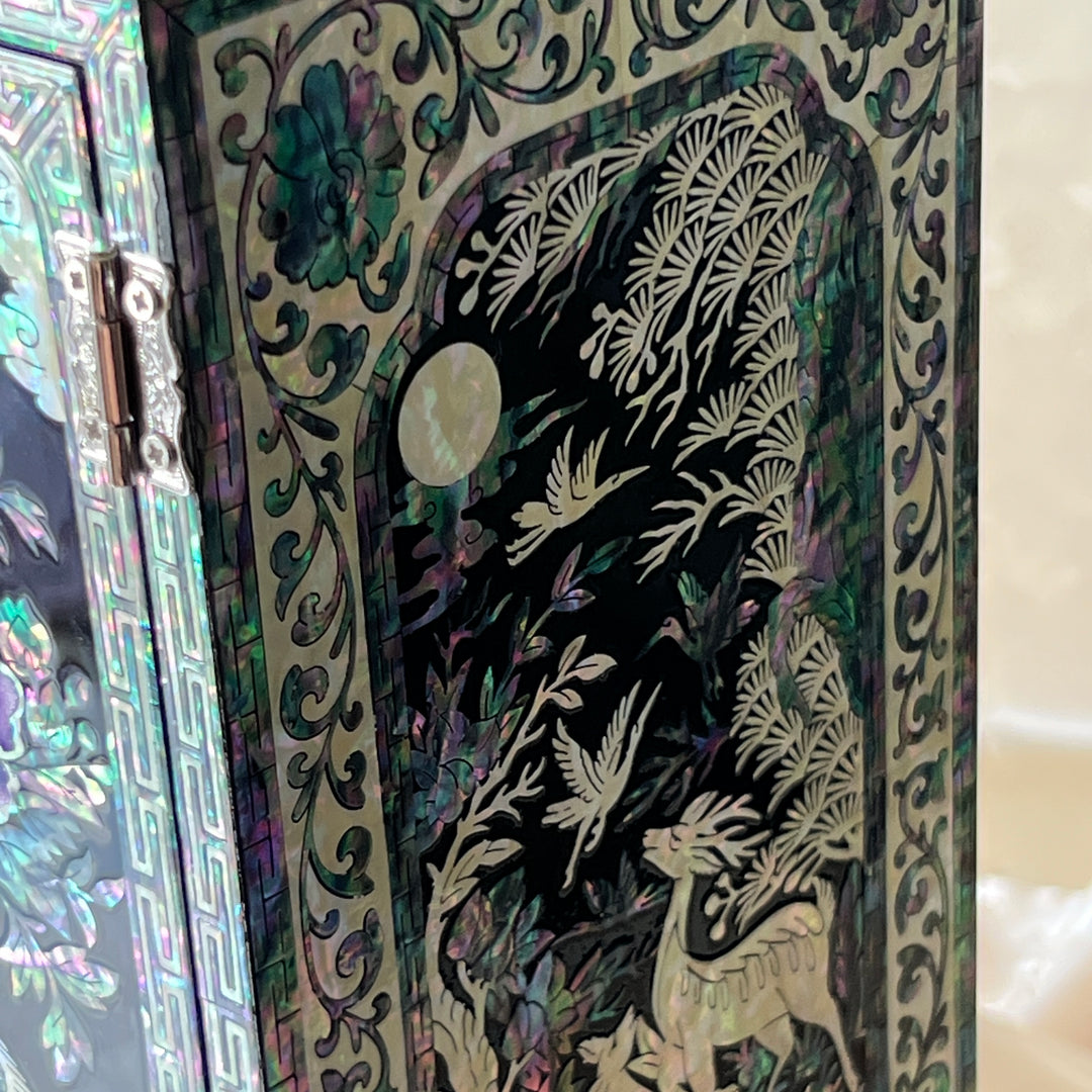 Mother-of-Pearl Double-Doored Jewelry Chest: Grand Scale, Longevity Motif on Black Ground