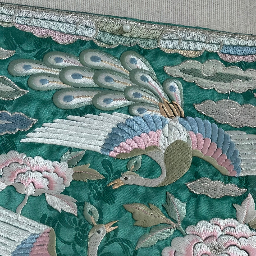 Embroidered Art Panel: Double Peacock and Peony Motif on Green Ground