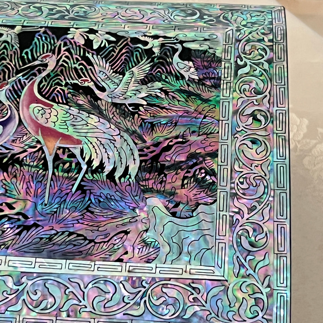 Mother-of-Pearl Jewelry Box: Auspicious Mountain Landscape with Cranes