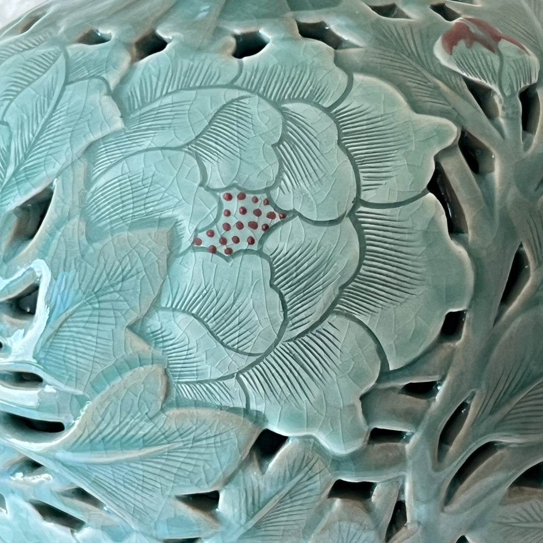 Celadon Double-Walled Openwork Vase: Sgraffito (Bakji) with Peony Motif