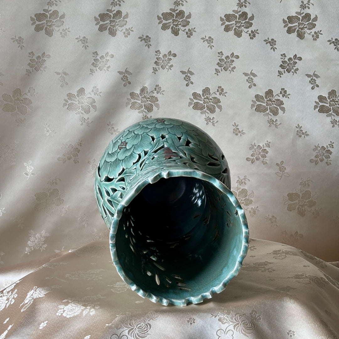 Grand-Scale Celadon Openwork Long Vase: White Slip Sgraffito (Bakji) with Peony Motif