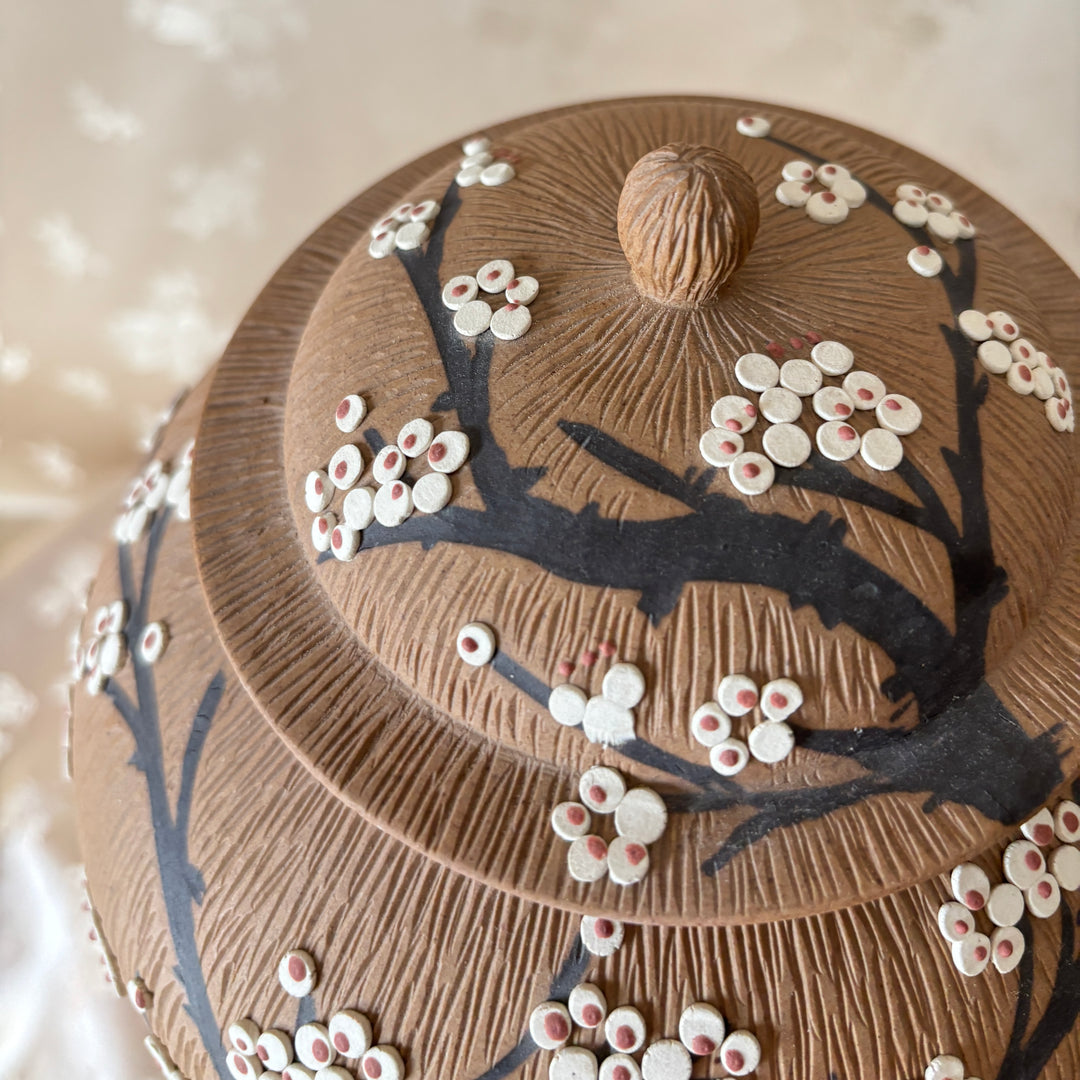 Unglazed Ceramic Maebyeong Jar with Lid: Inlaid Plum Blossom Branches