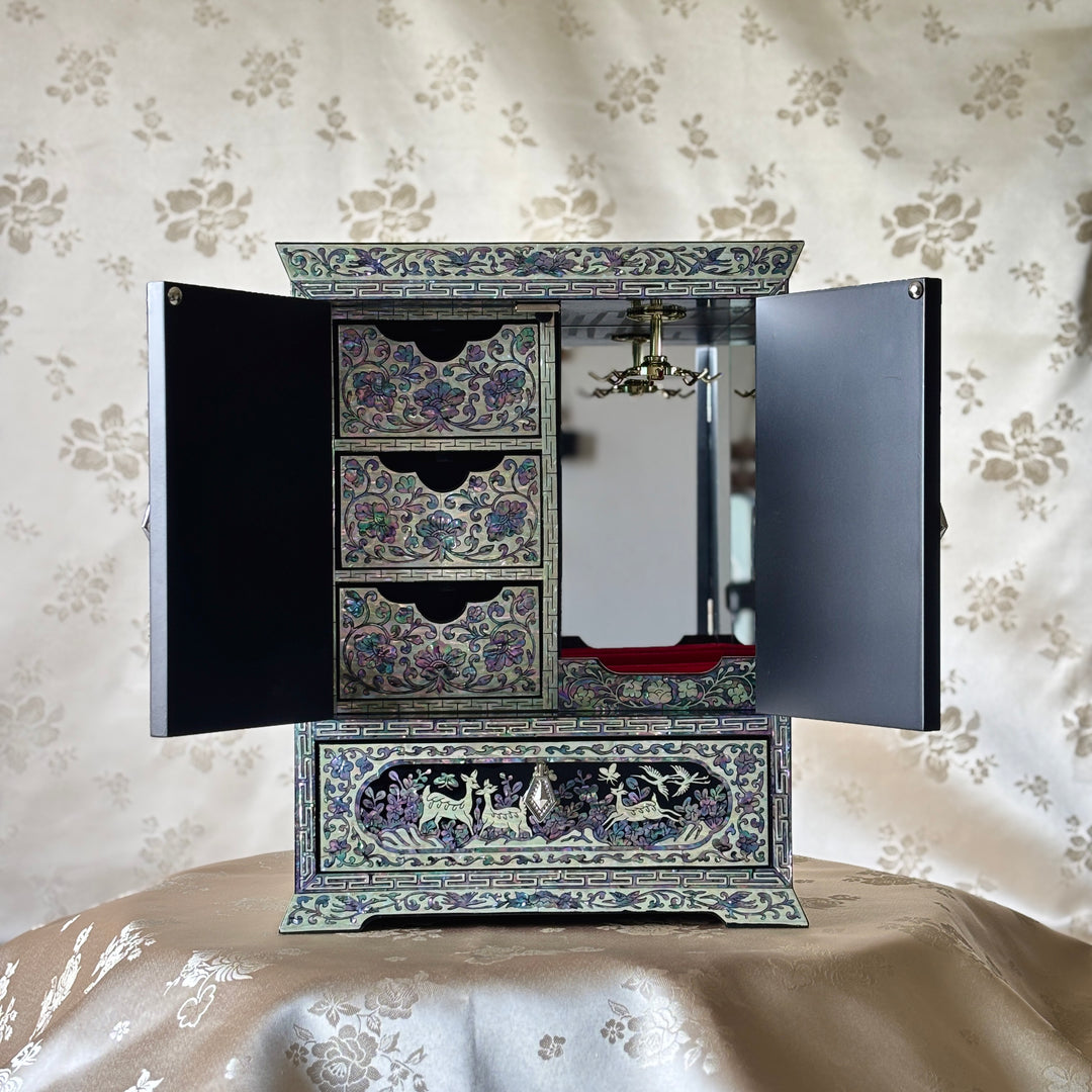 Mother-of-Pearl Double-Doored Jewelry Chest: Grand Scale, Longevity Motif on Black Ground