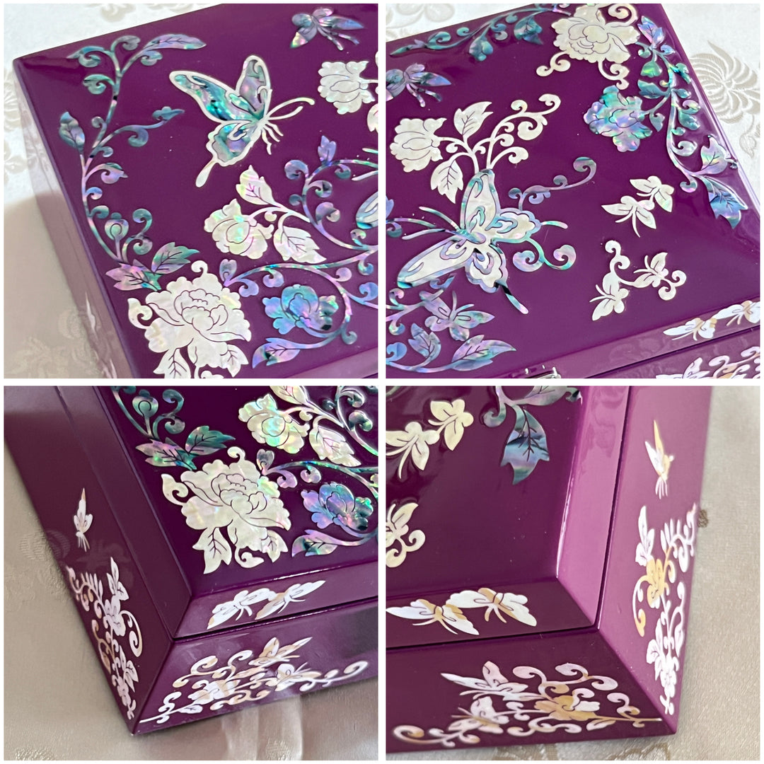 Mother of Pearl Purple Jewelry Box with Butterfly and Peony Pattern (자개 호접 목단문 보석함)