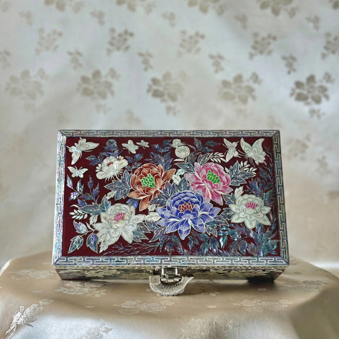 Decorative jewelry box with floral patterns on a textured surface