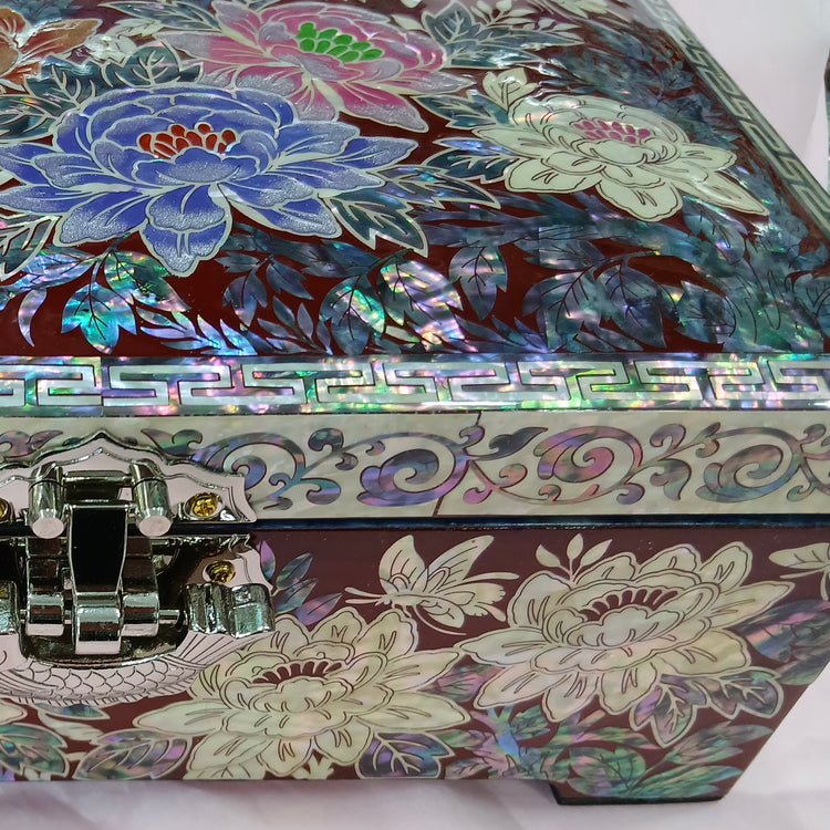 Korean jewelry box with floral patterns and a metallic closure on a white background