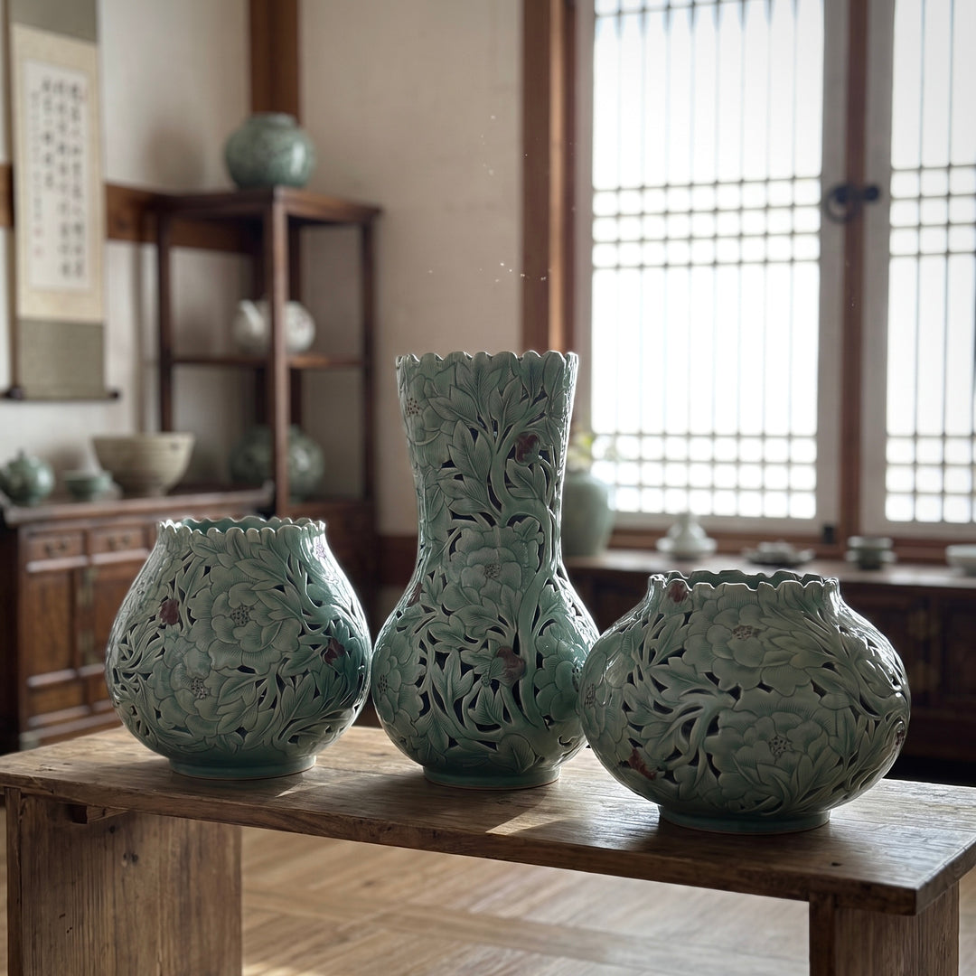 Celadon Large-Scale Openwork Vessel Trio: Peony Motif in White-Slip Sgraffito (Bakji)