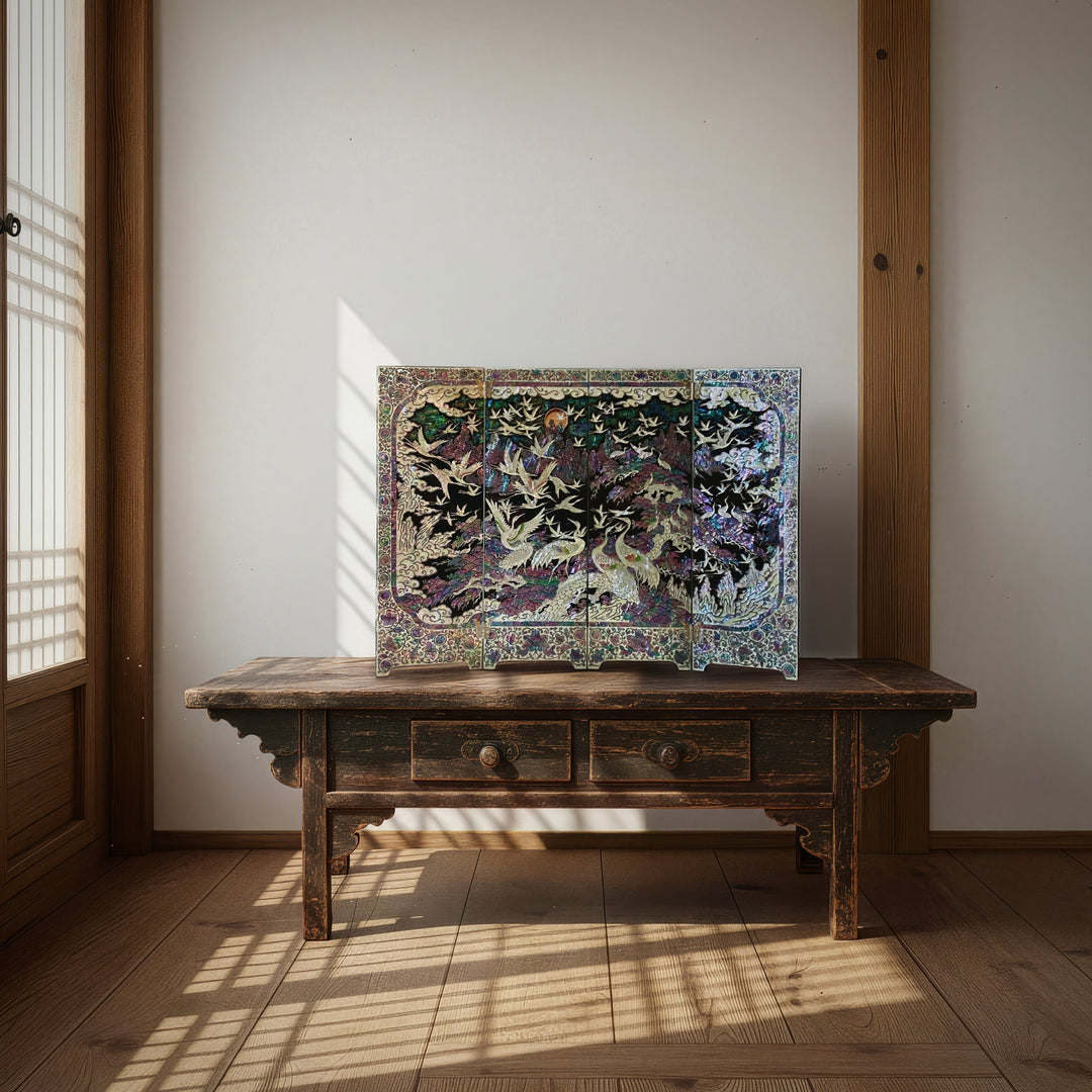 Mother of Pearl Wooden Folding Screen with One Hundred Cranes Pattern