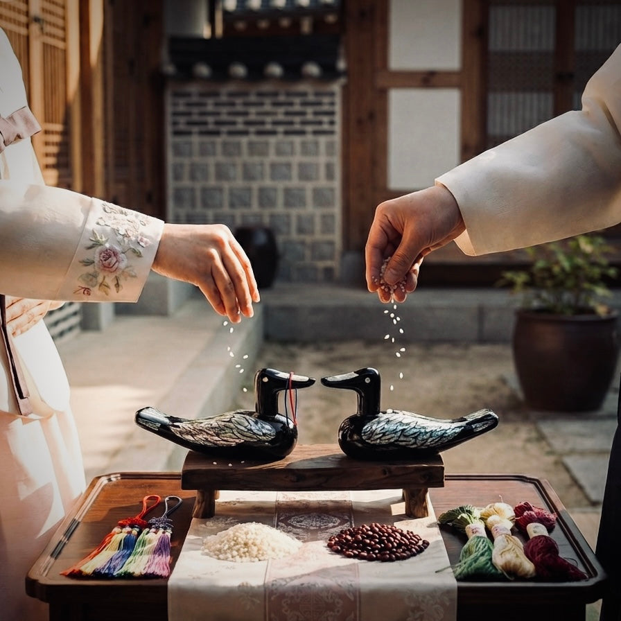 Korean mother-of-pearl wedding duck pair displayed in a traditional hanok-style interior setting