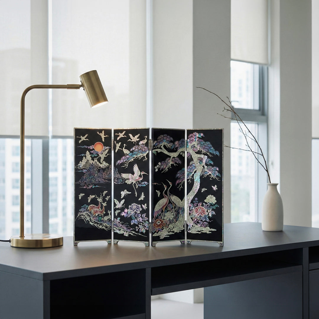 Mother of Pearl Folding Screen: Medium Scale, Longevity Symbols Motif