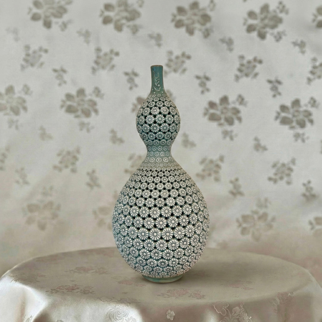 Celadon Double-Walled Openwork Gourd Vase: Chrysanthemum Motif by Master Artisan