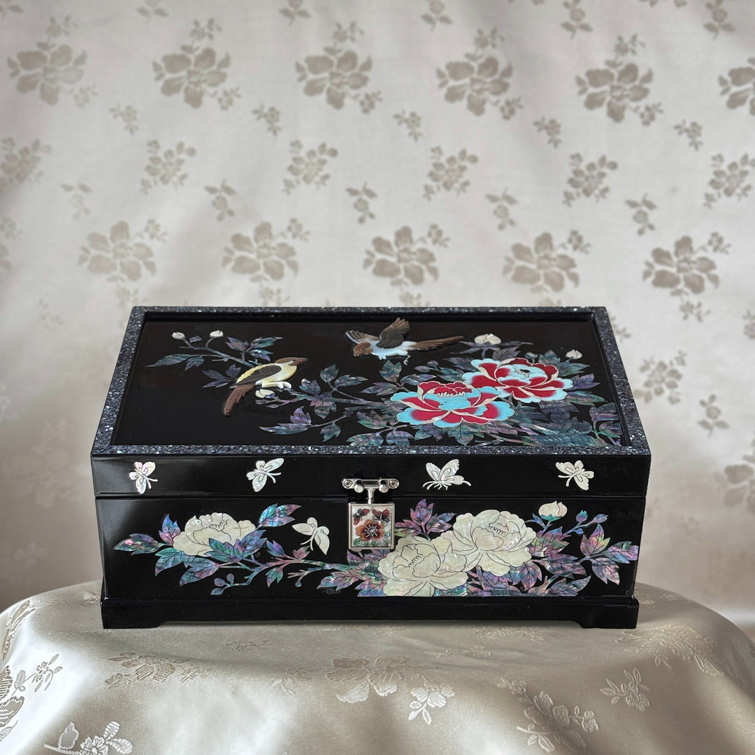 Mother-of-Pearl Jewelry Box: Sculpted Whole-Shell Birds and Peonies on Deep Black