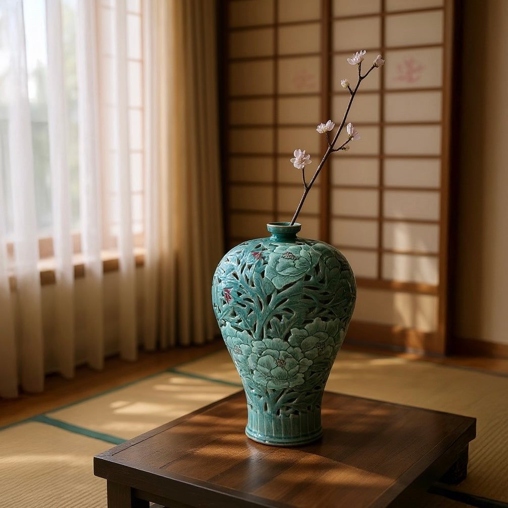 Celadon Vase with Relief-Carved Peony Motif and Double-Wall Openwork