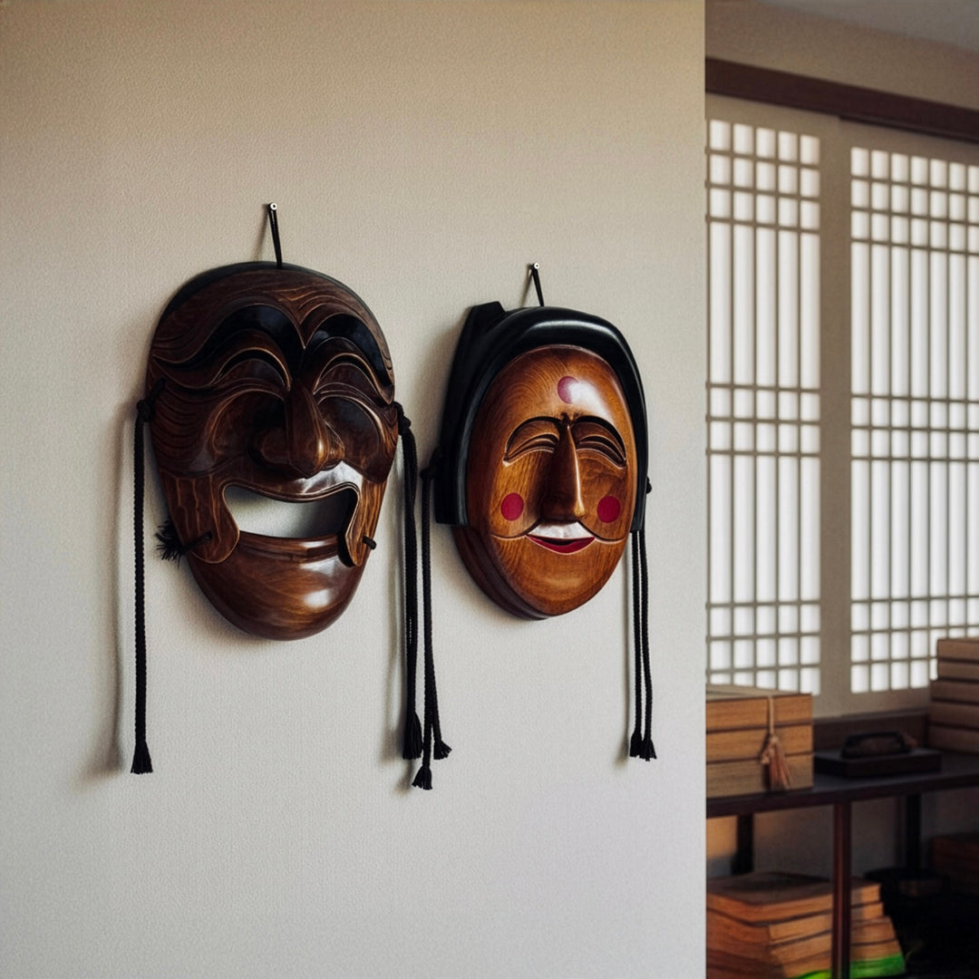 Wooden Hahoe Mask Set: Grand-Scale Nobleman and Bu-Ne Character for Wall Decor